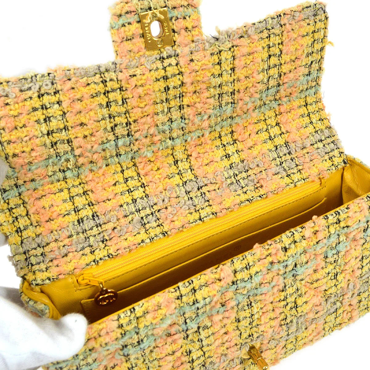 ★香奈儿 * 1991-1994顶部手柄袋套黄色花呢