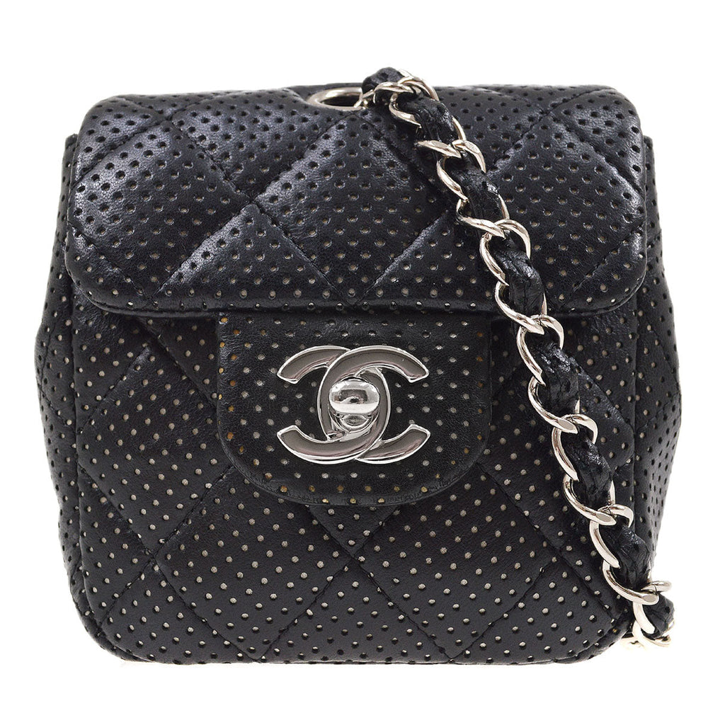 CHANEL 2007 Black Lambskin Perforated Classic Flap Micro
