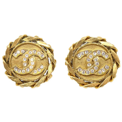 Chanel Button Rhinestone Earrings Clip-On Gold 23