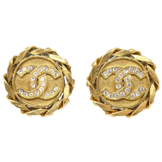 Chanel Button Rhinestone Earrings Clip-On Gold 23