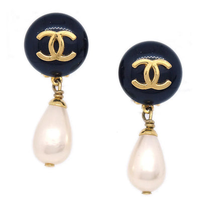 Chanel 1996 Black CC & Faux Teardrop Pearl Dangle Earrings