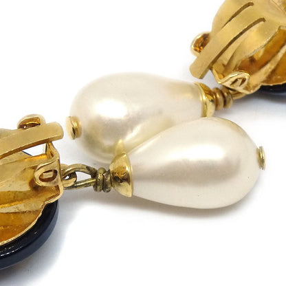 Chanel 1996 Black CC & Faux Teardrop Pearl Dangle Earrings