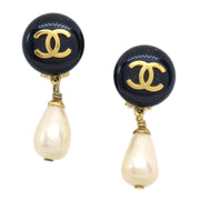 Chanel 1995 CC Black & Faux Teardrop Pearl Dangle Earrings
