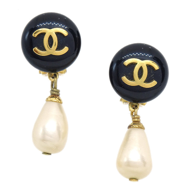 Chanel 1995 Black CC Button & Faux Teardrop Pearl Dangle Earrings