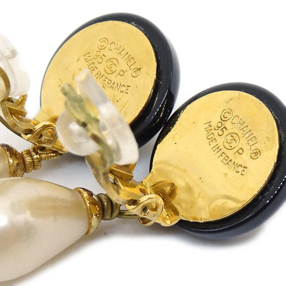 Chanel 1995 CC Black & Faux Teardrop Pearl Dangle Earrings