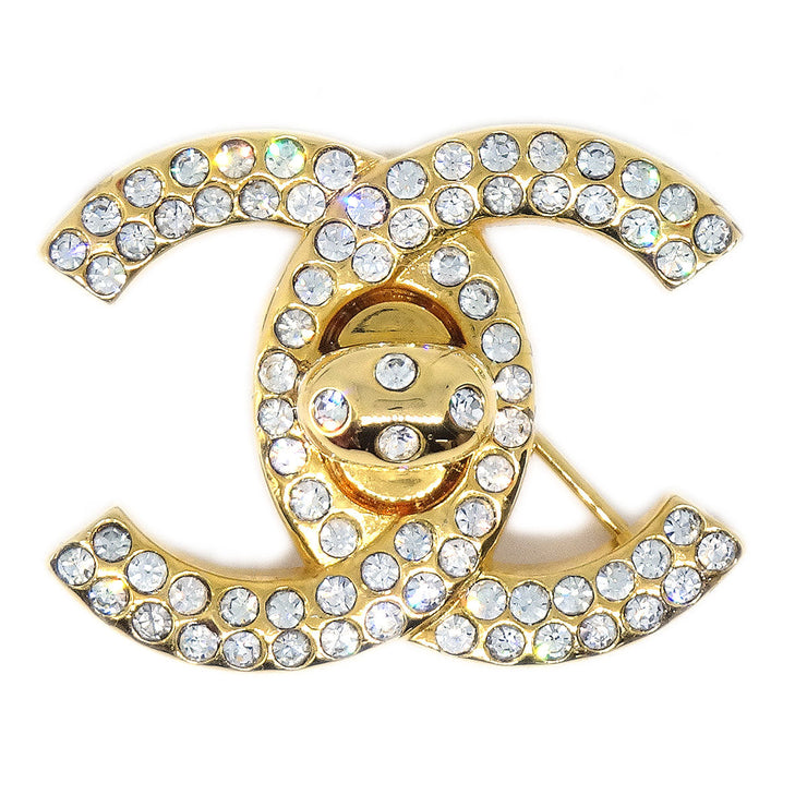 Chanel 1997 Crystal & Gold CC Turnlock Brooch Small