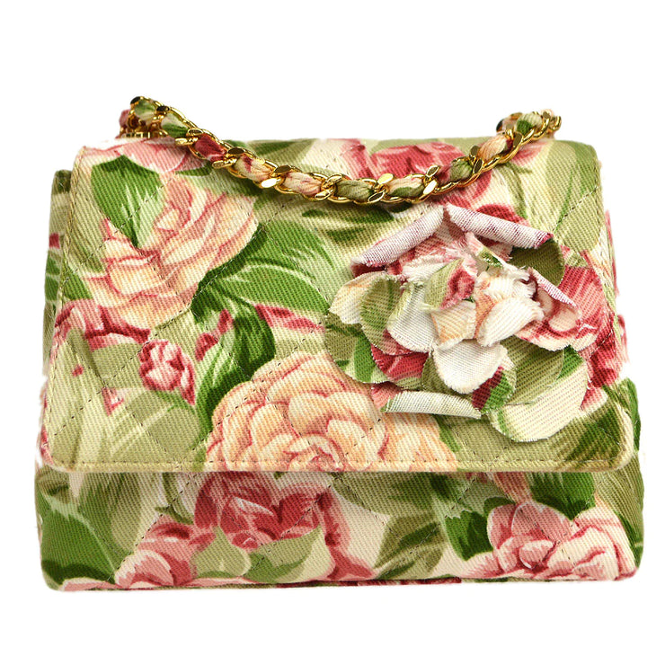 Chanel Vintage Pink Quilted Flower Print Classic Flap Shoulder Bag