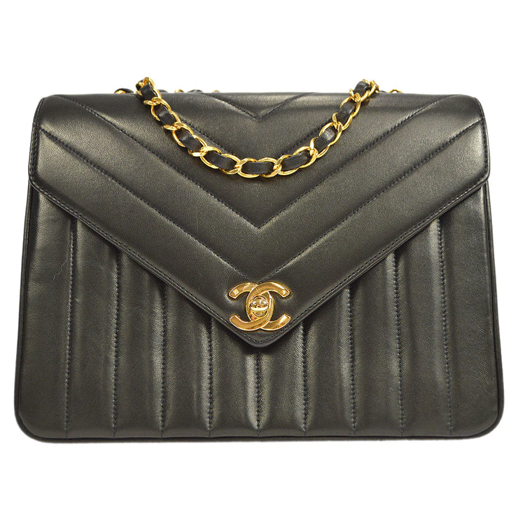 Chanel Black Chevron Quilted Caviar Jumbo Envelope Flap Bag Gold Hardware, 1994-1996