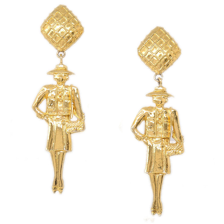 CHANEL 1980s Mademoiselle Dangling Earrings Gold Clip-On