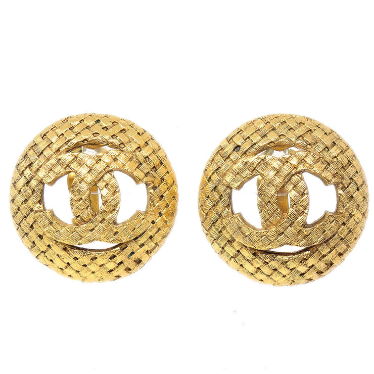 CHANEL 1994 Woven CC Button Earrings Gold Clip-On 2889