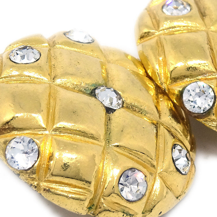 Chanel 1980S Crystal＆Gold Quilted Earrings Clip-on