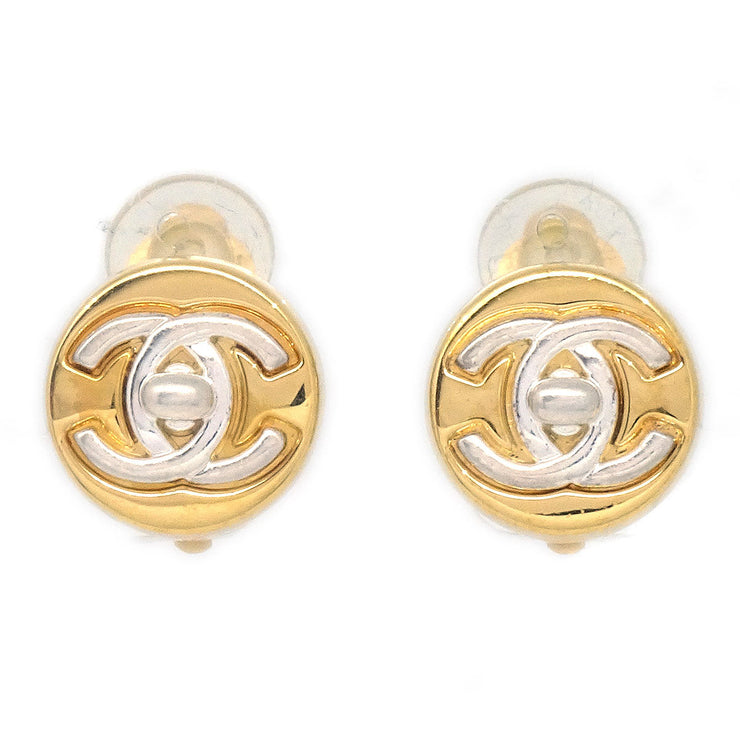 CHANEL 1997 Gold & Silver Round CC Turnlock Earrings Clip-On Small