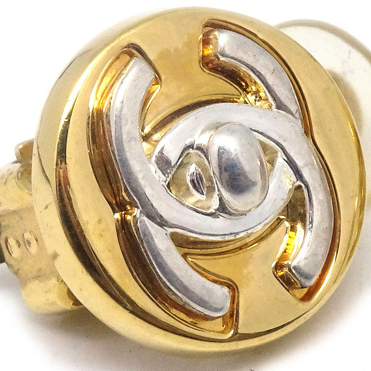 Chanel 1997 Gold & Silver Round CC Turnlock Earrings Clip-On Small