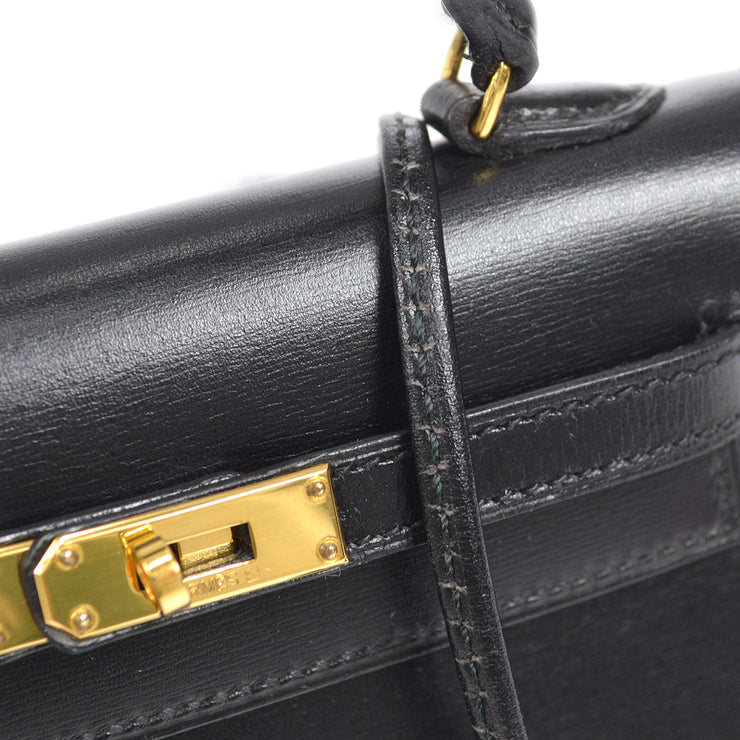 HERMES Vintage Kelly 28 Flap Bag in Black Box Leather