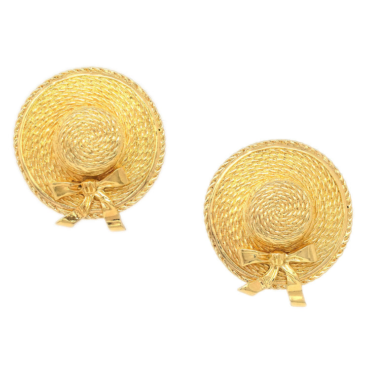 CHANEL 1980s Straw Hat Earrings Gold Clip-On
