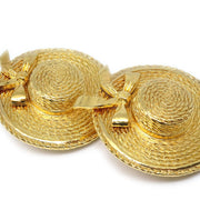 CHANEL 1980s Straw Hat Earrings Gold Clip-On