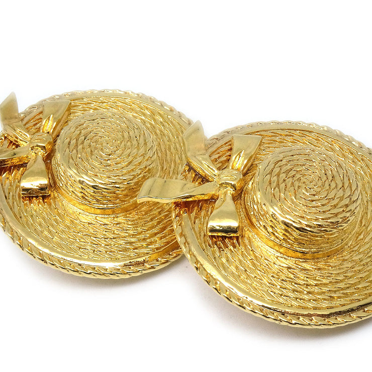 CHANEL 1980s Straw Hat Earrings Gold Clip-On