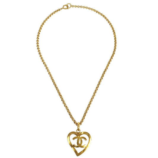 Chanel 1995 Gold CC Heart Cutout Pendant Necklace
