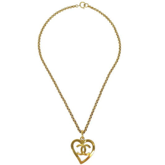 Chanel 1995 Gold CC Heart Cutout Pendant Necklace