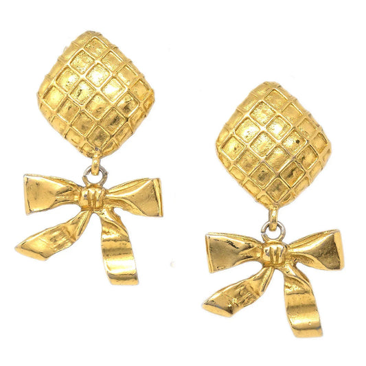 Chanel 1980s Dangle Bow Earrings Gold Clip-On