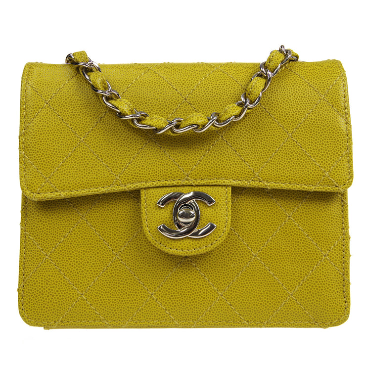 Chanel Quilted Lambskin Green Iridescent Rectangular Mini Single Flap Light Gold Hardware, 2022 (Like New), Green/Silver Womens Handbag