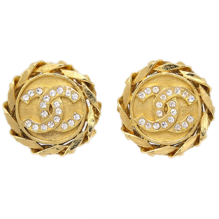 Chanel Button Rhinestone Earrings Clip-On 23 Gold