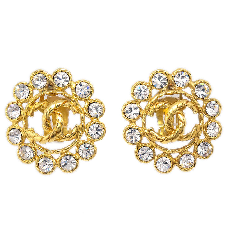 Chanel Button Rhinestone Earrings Clip-On 29 Gold