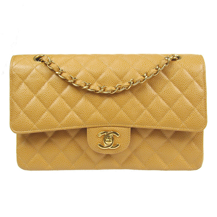 Chanel Light Yellow Quilted Caviar Medium Classic Double Flap Gold Hardware, 2003 (Very Good)-2004, Womens Handbag