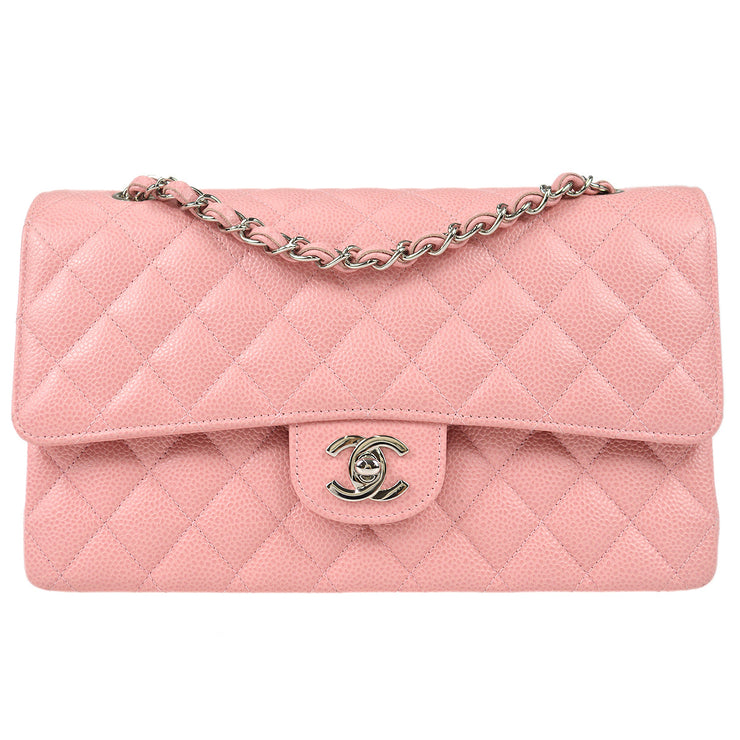 Chanel White Quilted Caviar Medium Classic Double Flap with Silver Chain