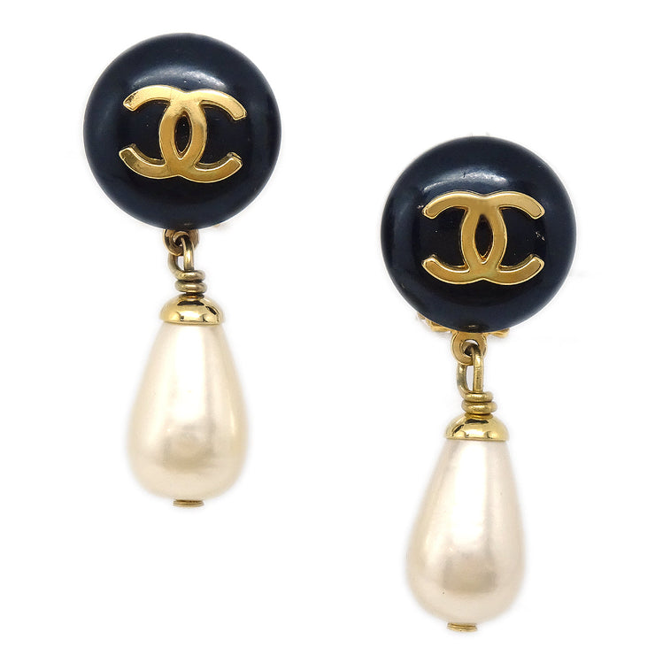 Chanel 1995 CC Black & Faux Teardrop Pearl Dangle Earrings