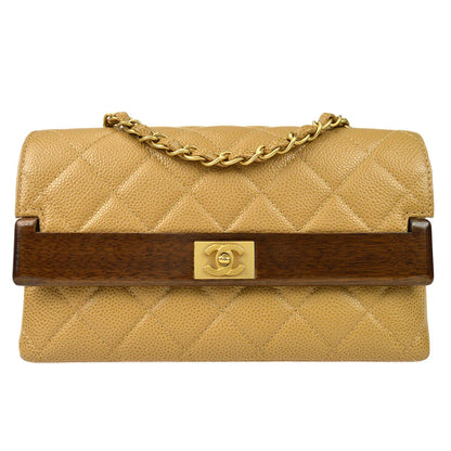 Chanel * 2003-2004 Wood Detailed Strait Flap Small Beige Caviar