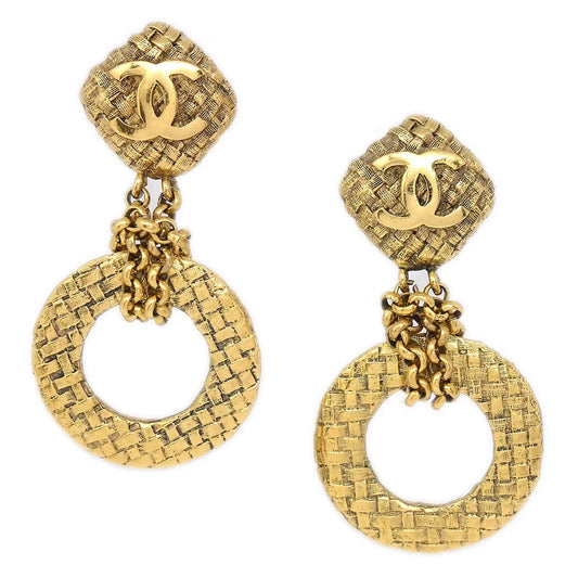Chanel 1994 Woven CC Hoop Earrings Clip-On Gold 2881