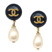 Chanel 1996 CC Black & Faux Teardrop Pearl Dangle Earrings