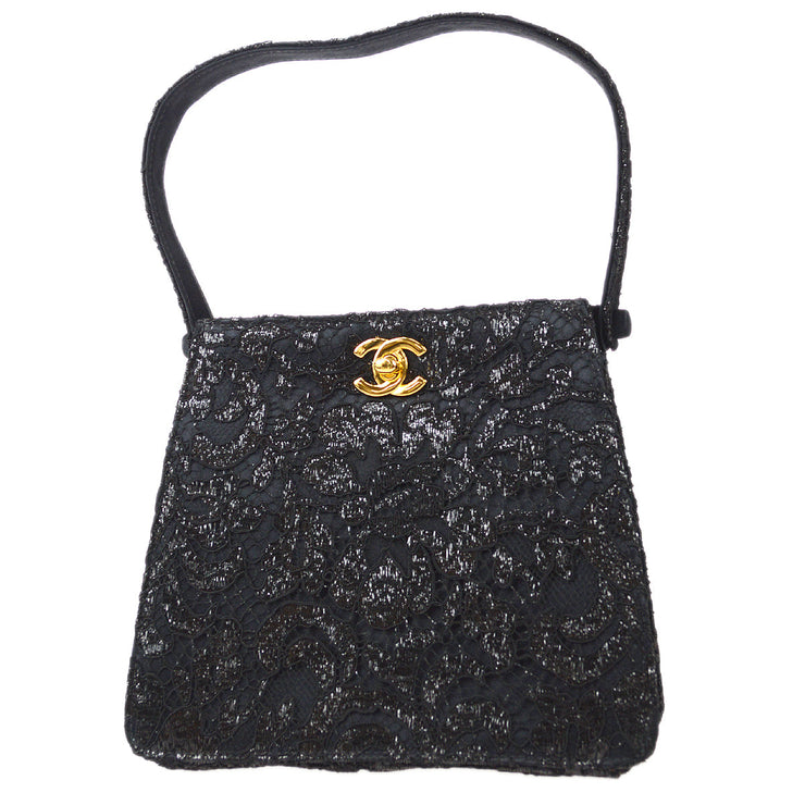 Chanel * 1997-1999 Both Sided Turnlock Lace Handbag Black Satin