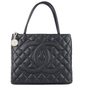 Chanel Medallion Quilted Tote Handbag Black Caviar