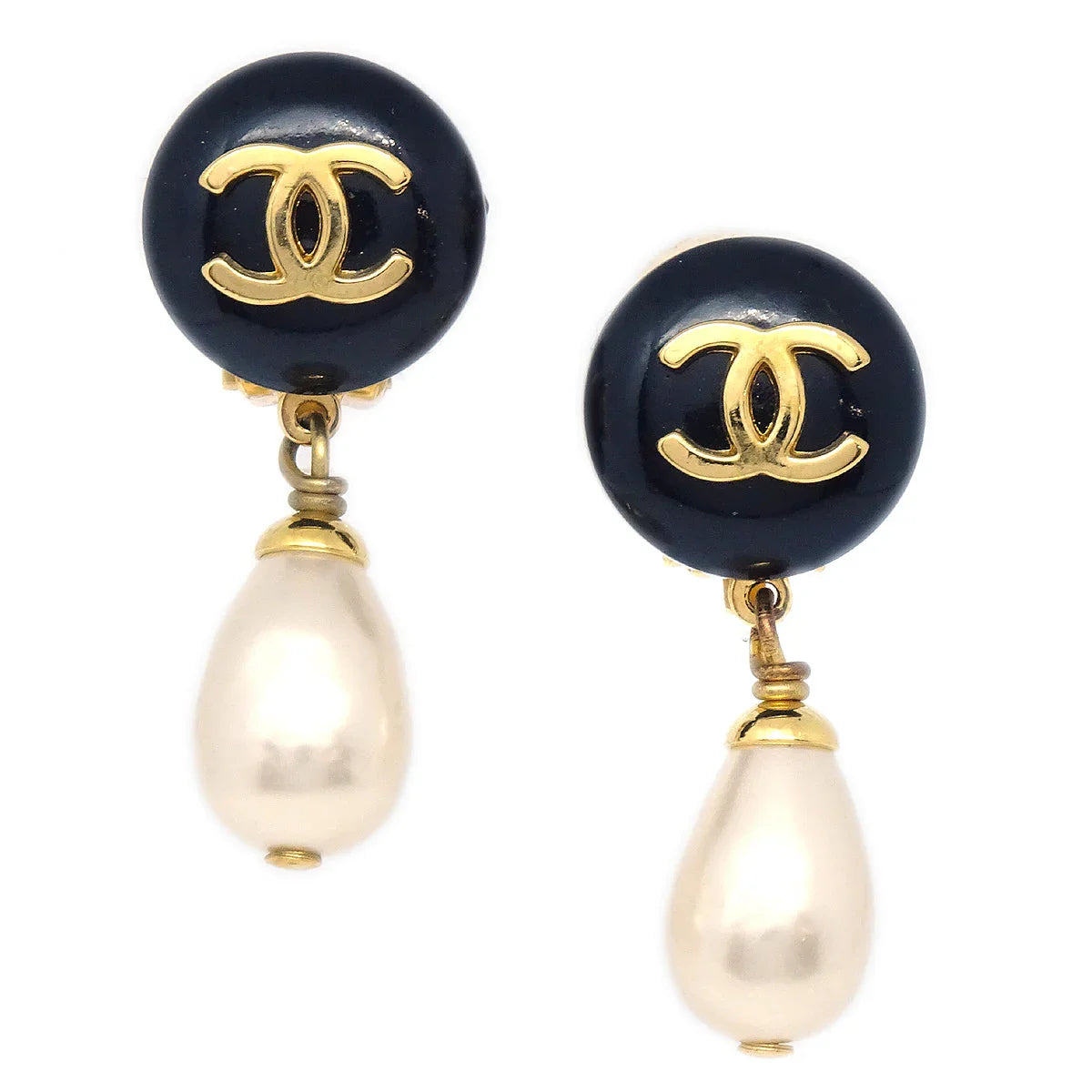 Chanel 1995 CC Black & Faux Teardrop Pearl Dangle Earrings