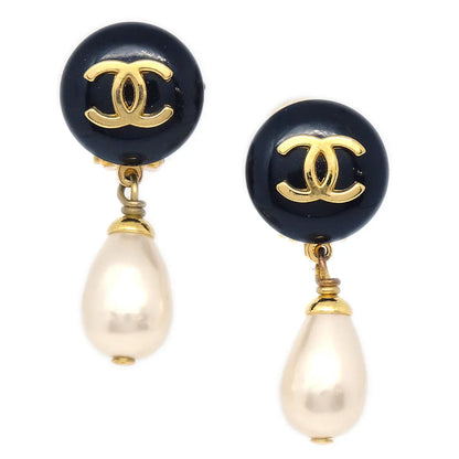 Chanel 1995 CC Black & Faux Teardrop Pearl Dangle Earrings