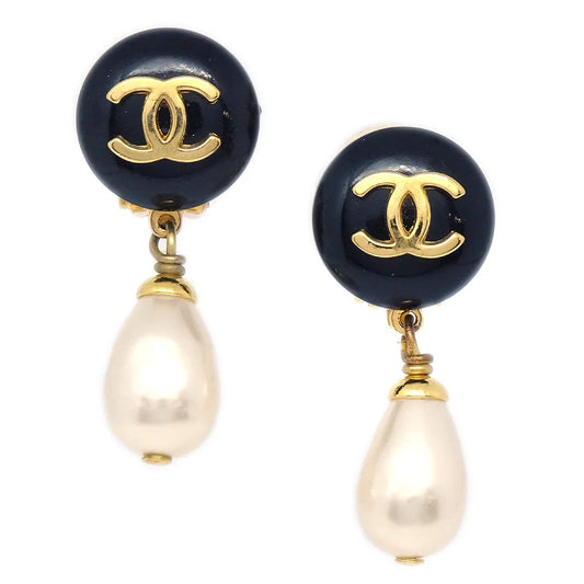 Chanel 1995 CC Black & Faux Teardrop Pearl Dangle Earrings