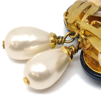 Chanel 1995 CC Black & Faux Teardrop Pearl Dangle Earrings