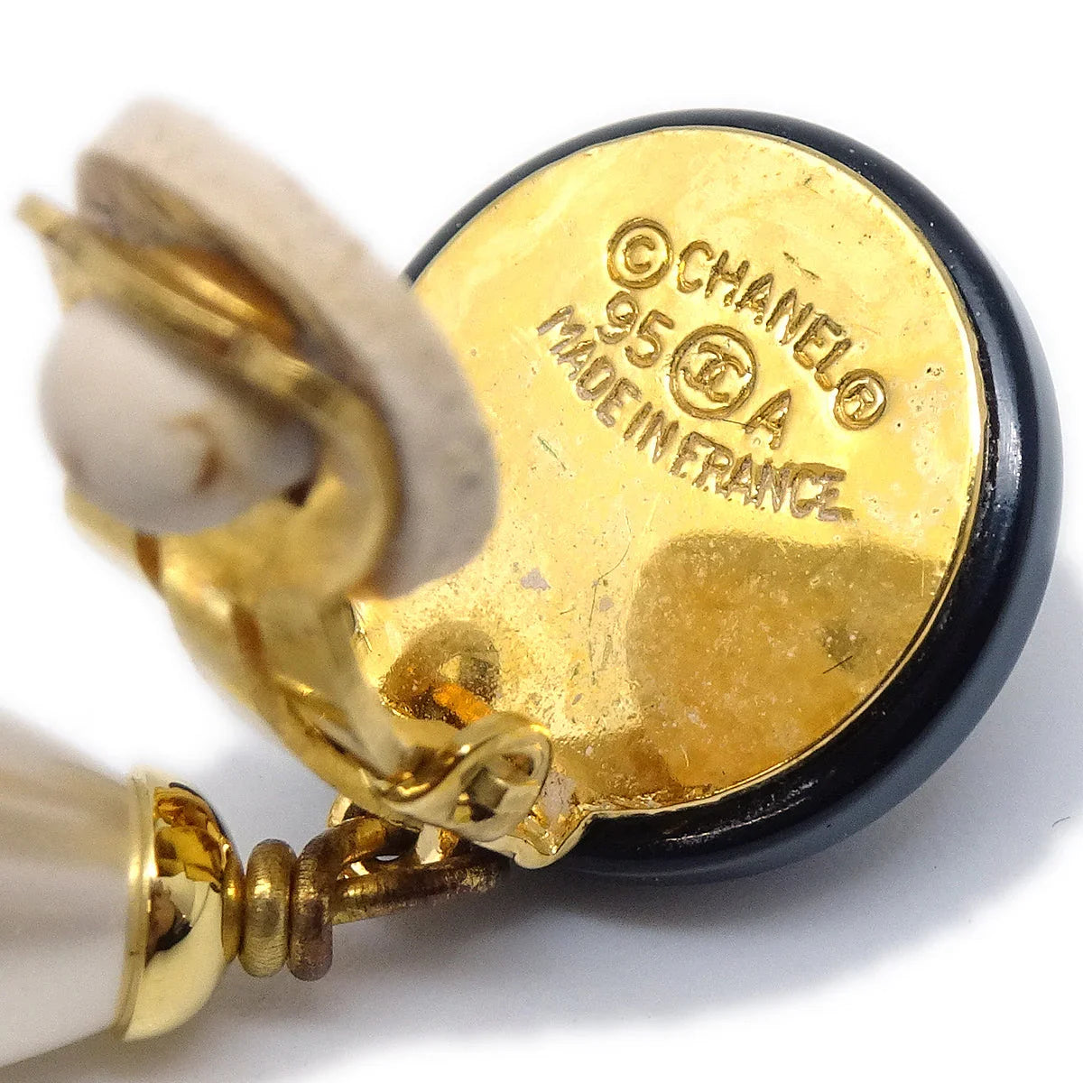 Chanel 1995 CC Black & Faux Teardrop Pearl Dangle Earrings