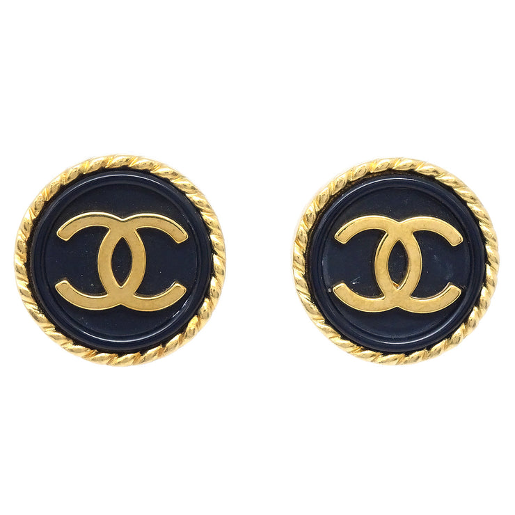 Chanel 1996 Black & Gold Rope Edge Earrings Clip-On