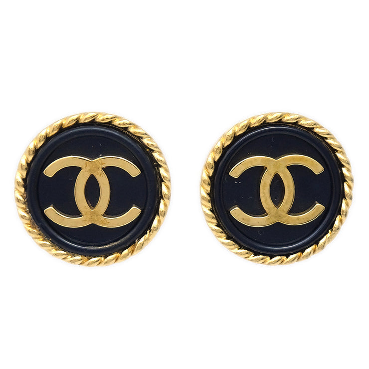 Chanel 1995 Black & Gold Rope Edge Earrings Clip-On