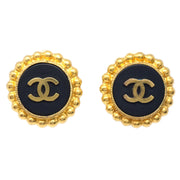 Chanel Button Earrings Gold Black Clip-On 93A