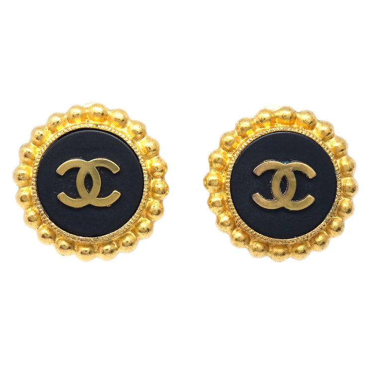 Chanel Button Earrings Gold Black Clip-On 93A