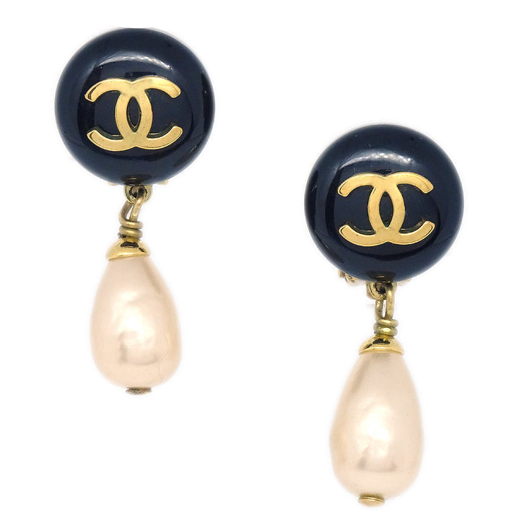 Chanel 1994 CC Black & Faux Teardrop Pearl Dangle Earrings