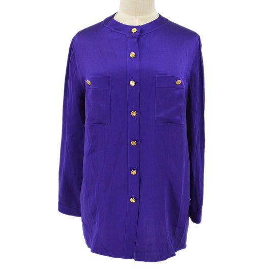 Chanel 1991 logo-buttons collarless silk shirt #38