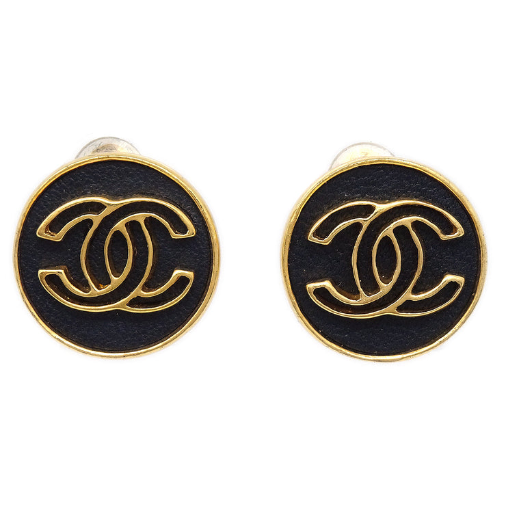 Chanel Cc Button Motif Earrings Gold Black Clip On 95p Accessories