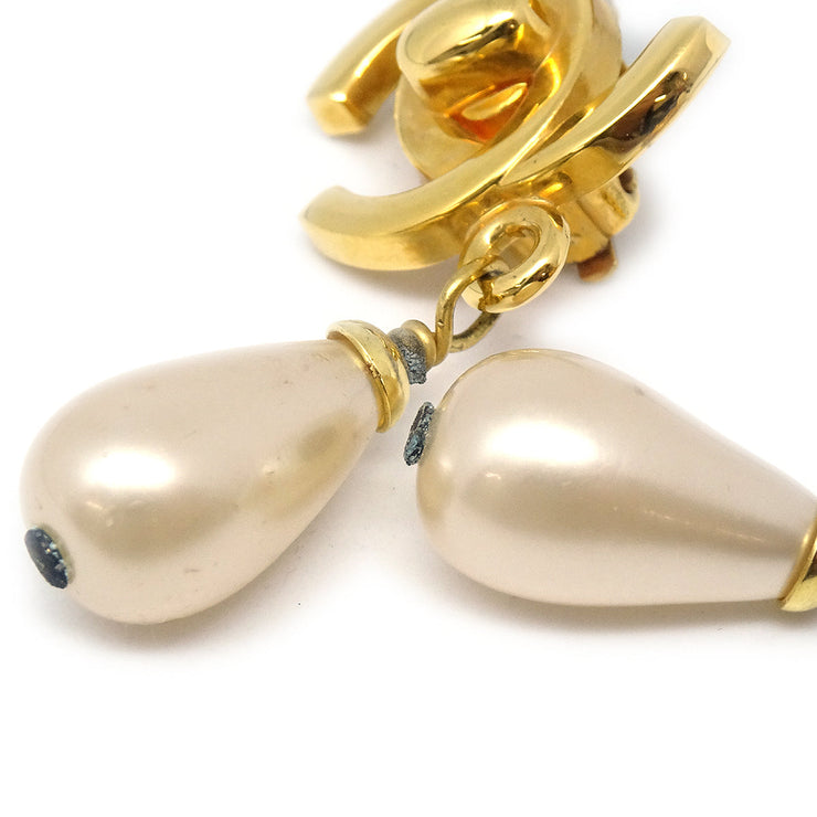 Chanel 1996 Turnlock Artificial Pearl Dangle Earrings Gold Clip-On