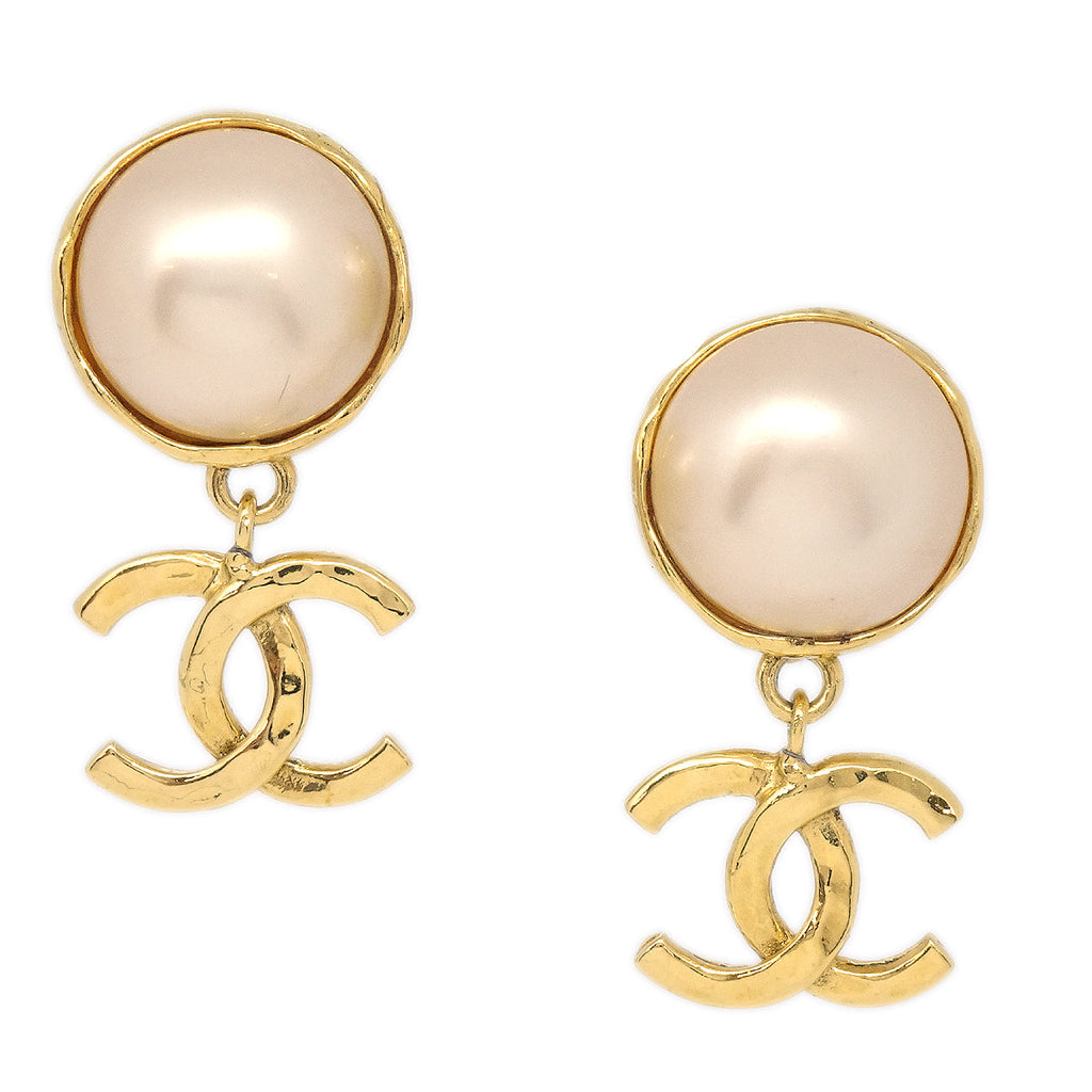 CHANEL Camellia GOLD CC Metal Stud Pearl Crystal Dangle Earrings - Bellisa