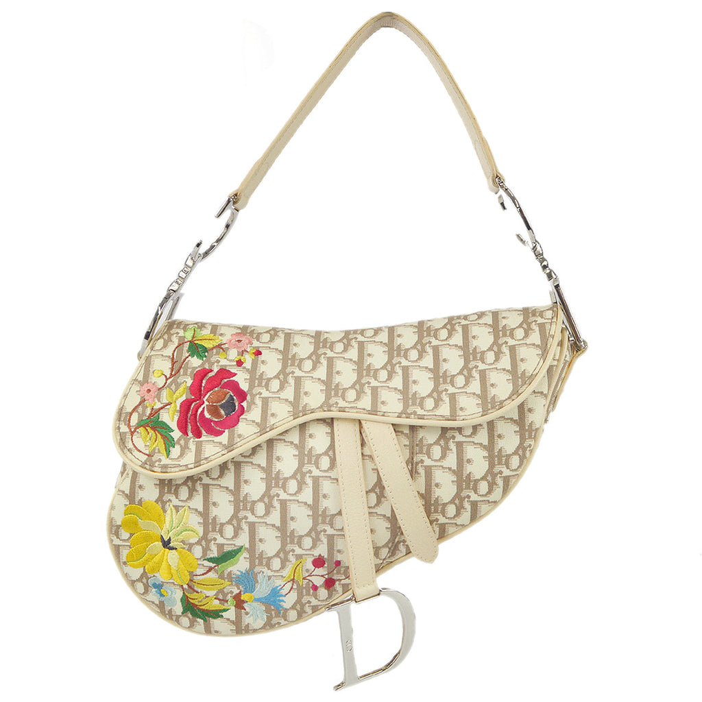 CHRISTIAN DIOR Vintage 2004 Flower Embroidered Ivory Logo Canvas Saddle Bag